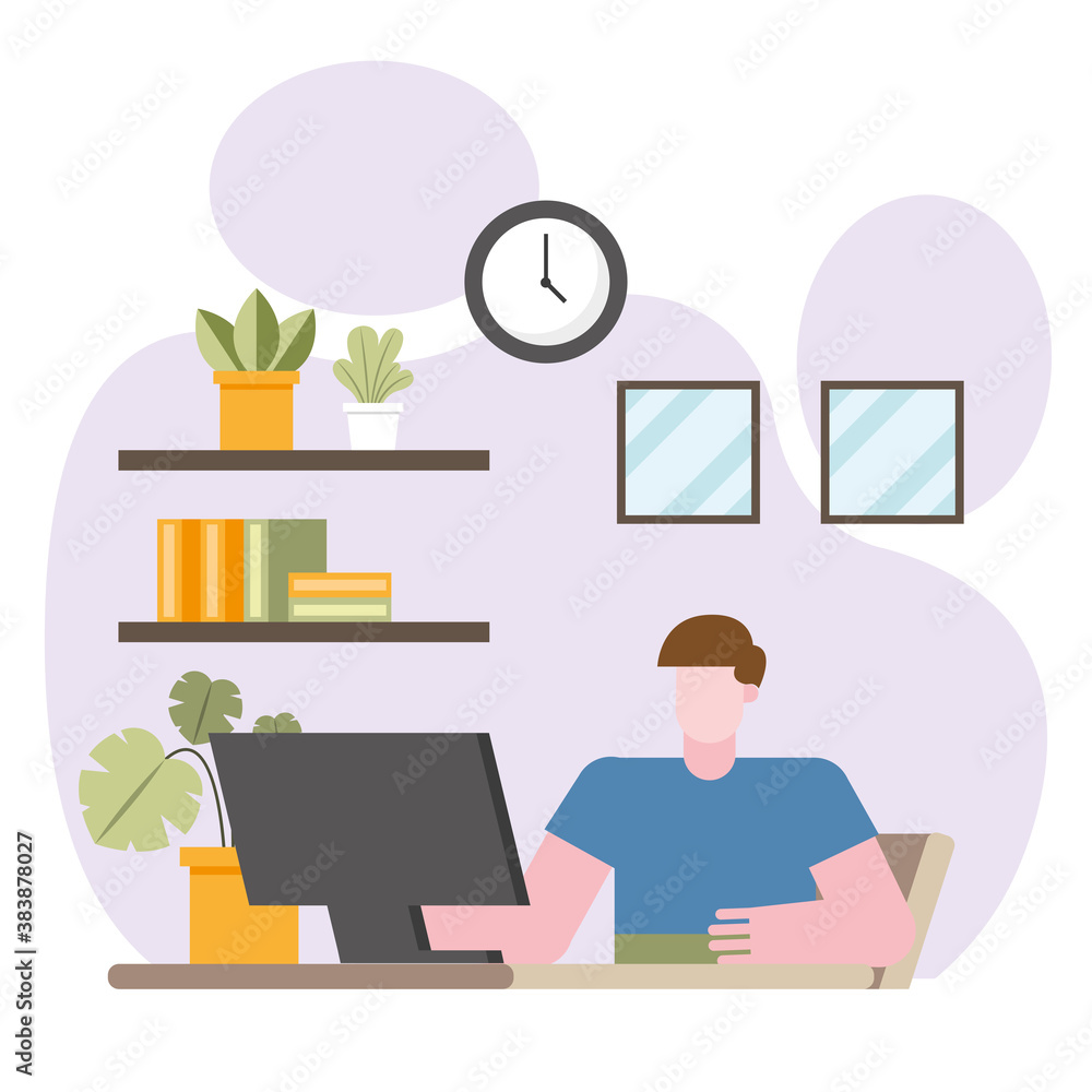 Poster man with computer working at desk from home vector design