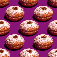 Seamless patter with sufganiya for Jewish holiday Hanukkah on violet background.