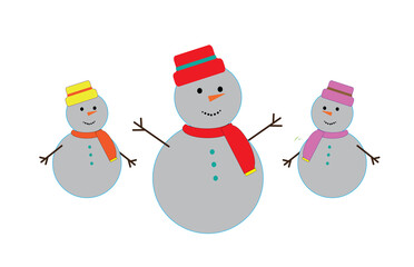 Three happy snowmen vector illustration. Snowmen friends playing together. Winter season