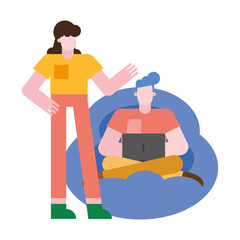 Woman and man with laptop on puf vector design