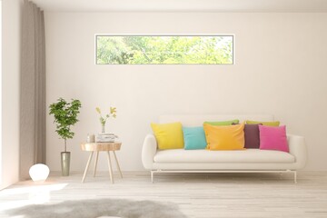 White living room with sofa. Scandinavian interior design. 3D illustration