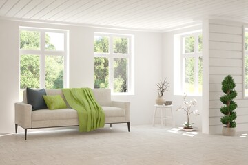 White living room with sofa and summer landscape in window. Scandinavian interior design. 3D illustration