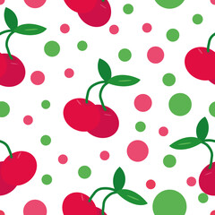 cherry and circles in vector flat seamless pattern on white background. fruit, berry, textiles, wrapping paper, scrapbook, wallpaper