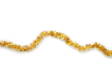 Christmas gold tinsel isolated on white background.