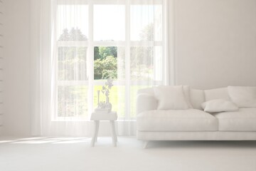 White living room with sofa and summer landscape in window. Scandinavian interior design. 3D illustration