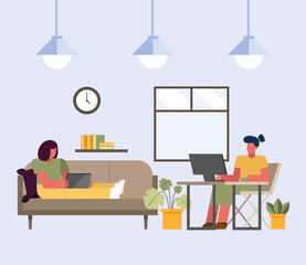 women with laptop and computer working from home vector design