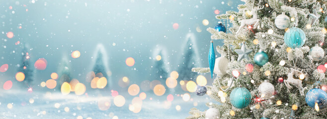 Winter Landscape With Christmas Tree And Shining Lights