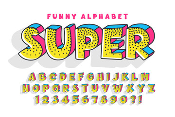 Trendy comical original alphabet design, colorful, typeface.