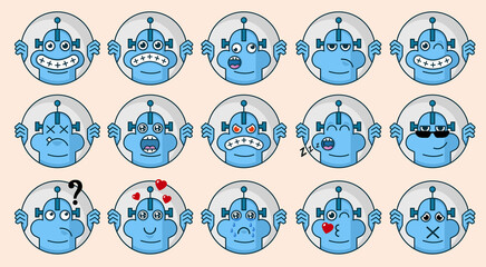 Set of cute android with different emotions. Character cartoon robot face. Avatar emoticon illustration. Cyborg emoji in cartoon style. Chat icon collection.