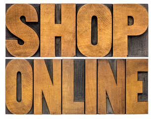 shop online word abstract in vintage letterpress wood type, internet shopping and Cyber Monday concept