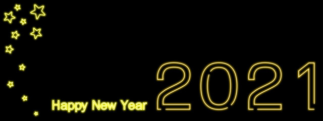Text yellow neon Happy New Year and number 2021 style neon light orange.  Yellow neon star. On black background. Long banner greeting. Copy space. Vector illustration.