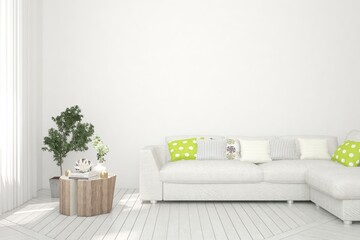 White living room with sofa. Scandinavian interior design. 3D illustration