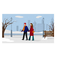 a guy and a girl are walking in the park in winter. they are holding hands. it's calm outside and it's snowing