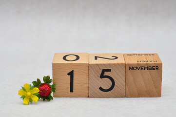 15 November on wooden blocks with a strawberry and yellow flower on a white background