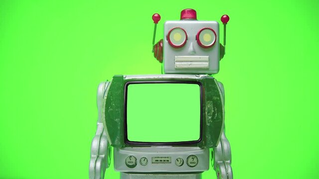 Retro robot TV walking on the walking of loop green screens 