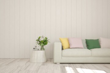 White living room with sofa. Scandinavian interior design. 3D illustration
