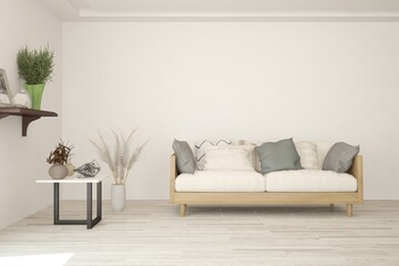 White living room with sofa. Scandinavian interior design. 3D illustration