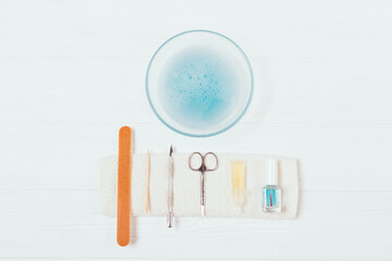 Flat lay arrangement basic set tools and cosmetics