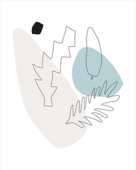 Abstract composition with tropical leaves and shapes. Vector hand drawn artwork for poster, card, interior, print, textile.