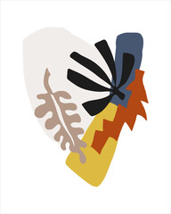 Abstract composition with tropical leaves and shapes. Vector hand drawn artwork for poster, card, interior, print, textile.