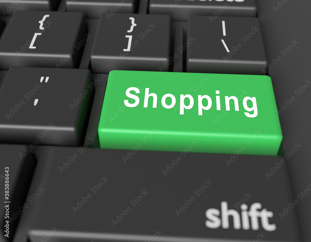 Aufkleber shopping concept. word shopping on button of computer keyboard