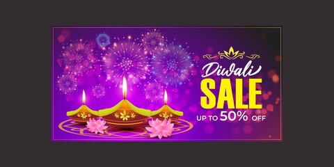 Diwali Festive Season Sale banner, 50% off,  on beautiful bokeh backgrund. Dipawali, Indian festival, diya lamp, oil lamp, colorful bokeh background, vector illustration offer banner, advertisement