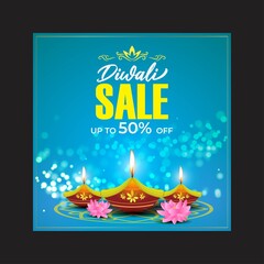 Diwali Festive Season Sale banner, 50% off,  on beautiful bokeh backgrund. Dipawali, Indian festival, diya lamp, oil lamp, colorful bokeh background, vector illustration offer banner, advertisement