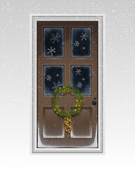 Brown-painted front door decorated with lighting and snowflakes and wreath. Christmas greeting card. Illustration for ad, poster, flier, blog, article, social media, marketing. Vector illustration.