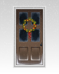 Brown-painted front door decorated with lighting and snowflakes and wreath. Christmas greeting card. Illustration for ad, poster, flier, blog, article, social media, marketing.