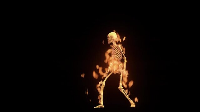 Seamless animation of a thriller dancing burning skeleton isolated with alpha channel. Funny cartoon character for Halloween background.