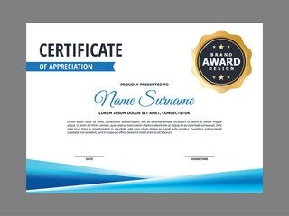 Abstract Smooth Certificate with Blue Geometric Element Design, Professional Modern Certificate with Golden Badge Template Vector