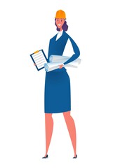 Woman Engineer is Standing and Smiling. Vector Illustration of a Girl in a Yellow Helmet With a Tablet and Rolls of Paper.