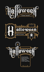 Halloween vintage font. Set emblem in the old style on a dark background. Vector illustration.