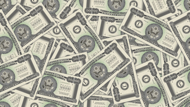 Illustration of a rectangular seamless pattern or wallpaper. USA fictional paper money. Obverse of 50000 dollars banknotes randomly scattered