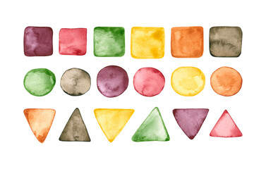 Set of watercolor geometric figures. Hand drawn illustration is isolated on white. Colorful elements is perfect for kindergarten design, greeting card, interior poster, baby print