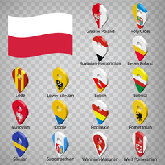 Sixteen flags the Provinces of Poland  - alphabetical order with name.  Set of 3d geolocation signs like flags Provinces of Poland.  Sixteen 3d geolocation signs for your design. EPS10.
 - obrazy, fototapety, plakaty