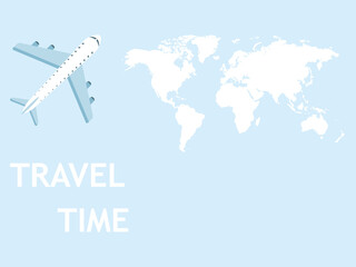 World travel vector illustration. Plane flying in sky. Time to travel concept. Airplane blue symbol.