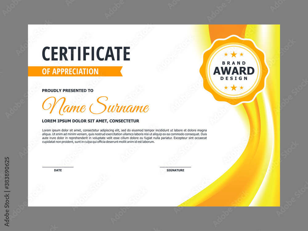 Poster abstract smooth certificate with fresh yellow wavy element design, professional modern certificate w