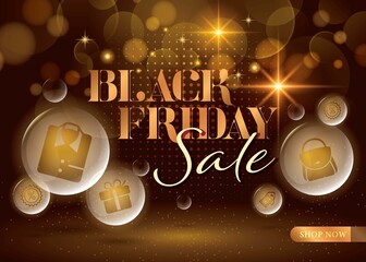 Black Friday Sale template Vector, Gold Elegant bokeh and bubble
