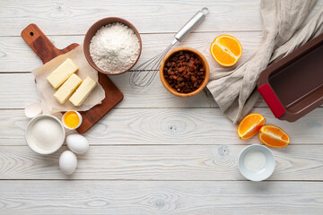 Obraz na płótnie Canvas Raisin pie making process with ingredients, flat lay
