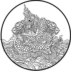 Kam Cha Nod Tree with Traditional Line Thai style. Naka Thai Dragon vector and illustration isolate. Naga or Naka is Buddha's animal ,It's king of snake in South East Asia.