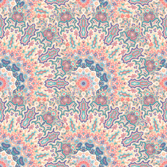 Fototapeta na wymiar Fractal flower seamless ornament. Tribal folk vector graphic design. Lace arabesque peacock floral seamless pattern. Scarf fashion print.