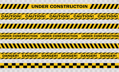 Vector black and yellow police stripe border. Set of danger caution seamless tapes. Art design crime line for restriction and dangerous zones.