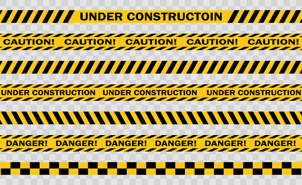 Vector black and yellow police stripe border. Set of danger caution seamless tapes. Art design crime line for restriction and dangerous zones.