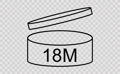 Vector illustration cosmetics symbol design. Period of validity after opening icon. Expiration date after product opening symbols. 18 M