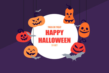 Halloween concept banner and postcard, pumpkins hanging and bats flying to celebrate the upcoming Halloween, vector flat illustration
