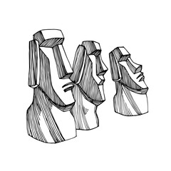 group of stone statues from Easter island, moai monuments, exotic touristic landmark, vector illustration with black ink lines isolated on white background in doodle & hand drawn style - obrazy, fototapety, plakaty