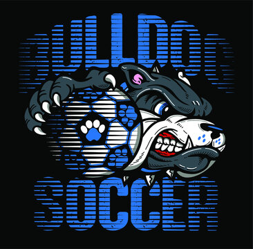 bulldog soccer team design with mascot holding ball for school, college or league