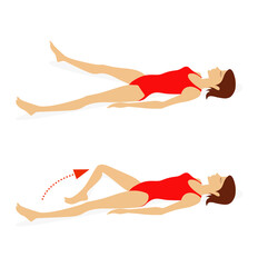 Girl in a swimsuit lying  on the floor does exercises to strengthen the muscles of the abdominal press, back and legs. Vector illustration isolated on white background