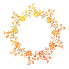 Elegant wreath of roses and leaves on a white isolated background. Gradient from yellow to orange. Watercolor hand-drawn botanical illustration. For cards, invitations, greeting cards, postcards.
